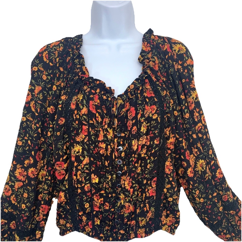 Olivaceous Milkmaid Dark Floral Top Woman Medium Button Front Coquette Whimsy